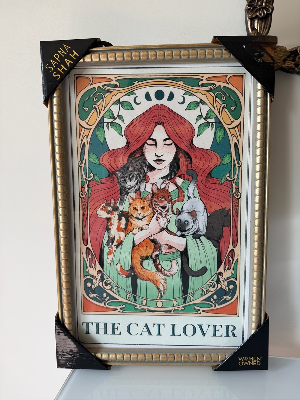 Sapna Shah The Cat Lover tarot card gold Framed Wall Art